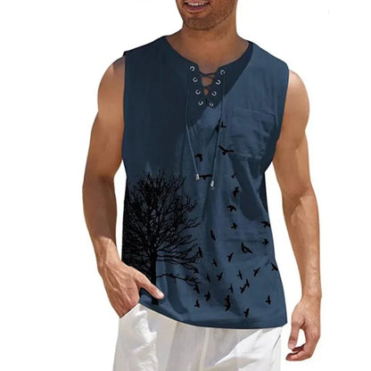 maoxiangshop Plus Size 4xl 5xl Mens Boho Tree Birds Print Shirts Summer Bandage Tops Men Sleeveless Blouse Male Pullovers Casual Shirt