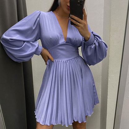 maoxiangshop Women Summer Vintage Klein Blue Draped Lantern Sleeves V Neck Mini Dress Female Satin Stitching Pleated High Waist Dress