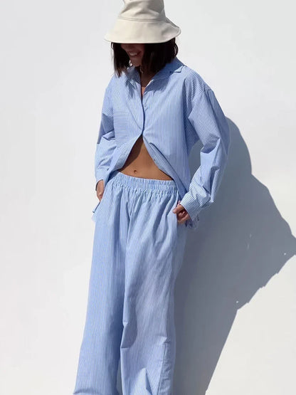 maoxiangshop  -  Women Autumn Winter Striped Pant Set Blue Long Sleeve Outfits Office igh Waist 2 Two Piece Matching Set Women