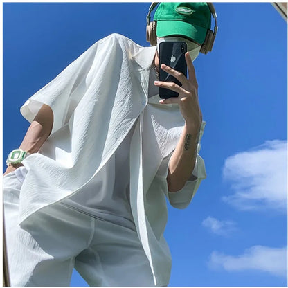 maoxiangshop Summer Two-Piece Men's Sets Shirt and Shorts Casual Outfits Oversized Short Suit Plain Clothes Clean Fit