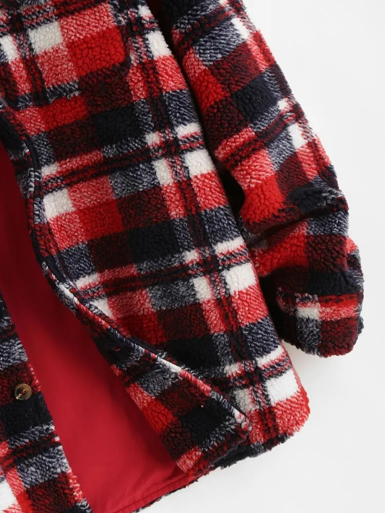 maoxiangshop Plaid Jacket for Men Fluffy Fleece Shirt Jacket with Pocket Button-up Faux Fur Sherpa Streetwear Topcoats