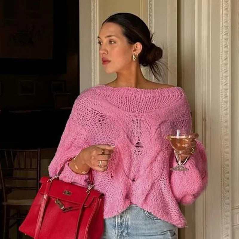 maoxiangshop  -  Women's Hand-knitted Twist Sweater Pullover Loose Fashion Versatile Long Sleeve Knitted Top Solid Color Autumn Winter New