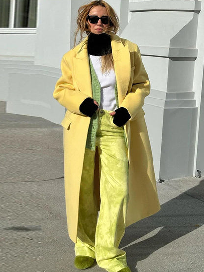 maoxiangshop  -  Loose Lapel Woolen Long Coats Women Winter Classic Yellow Single Button Pockets Overcoats Female Elegant Casual Street Outwear