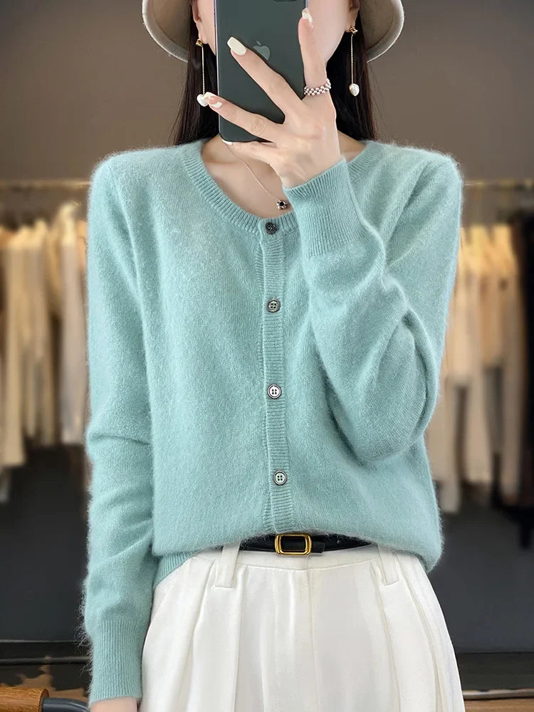 maoxiangshop Aliselect Women Cardigan Super Warm Pure Mink Cashmere Sweaters O-neck Loose Female Clothes Ladies' Solid Color Knitwear Tops