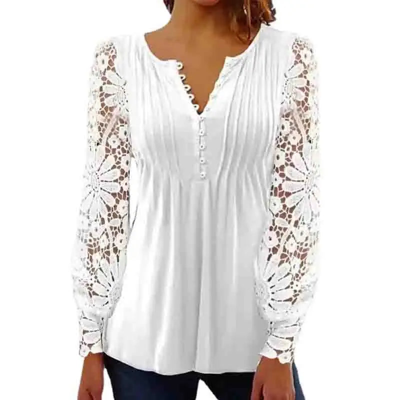 maoxiangshop New Fashion V Neck Floral Women's Shirts with Lace Long Sleeve White Women Blouse Elegant Woman Tops Office Lady Clothes