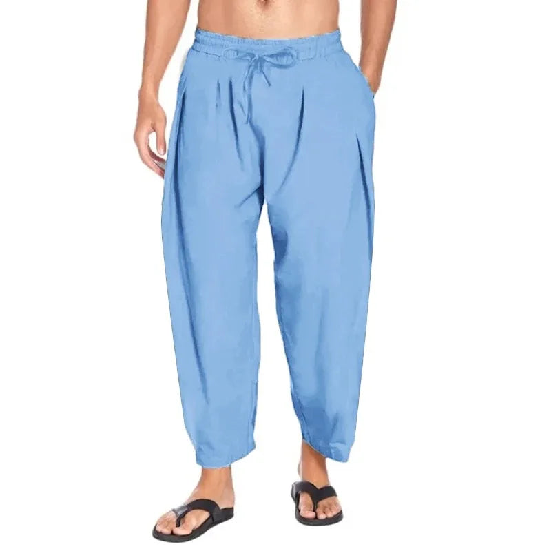 maoxiangshop Summer Mens Harem Pants Men Linen Lightweight Streetwear Solid Color Cotton Trousers Beach Track Pants Breathable Pants for Men