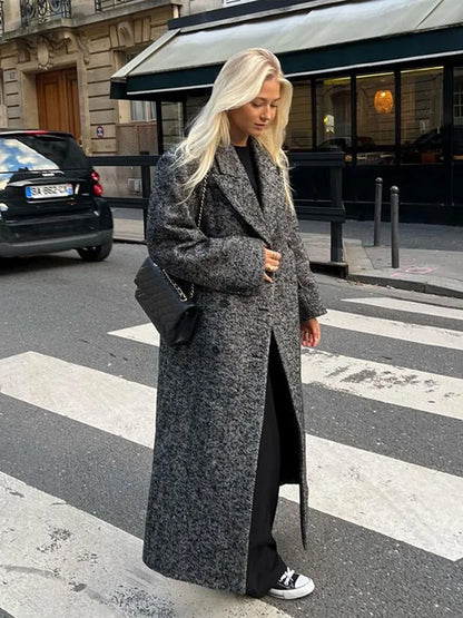 maoxiangshop  -  Elegant Gray Long Coat Women Woolen Double Breasted Turn-down Collar Oversize Thick Outwear 2024 Autumn Chic Casual Overcoat