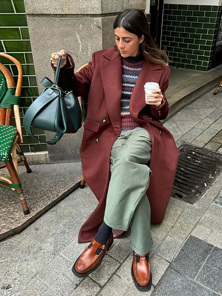 maoxiangshop -  Winter Vintage Solid Wool Blends Long Coats Women Turndown Collar Double Breasted Jacket Office Lady Street Long Sleeve Overcoat