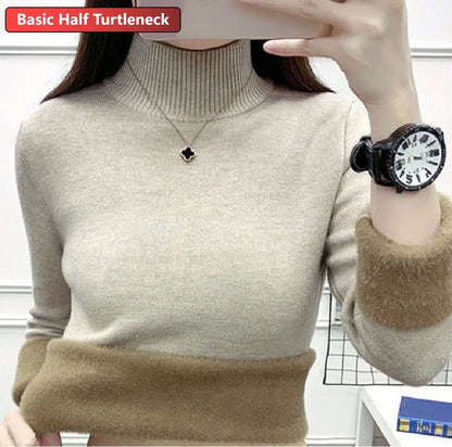 maoxiangshop Turtleneck Winter Sweater Women Elegant Thicken Velvet Lined Warm Sueter Knitted Pullover Slim Tops Jersey Knitwear Jumper New