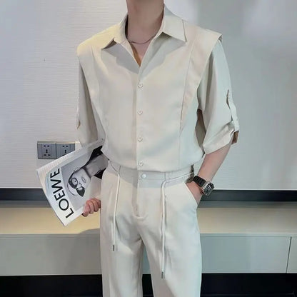 maoxiangshop Summer Ice Silk Men's Suits Casual Short Sleeve Shirt And Pants Two-piece Set Ruffled  Handsome Draped Korean Style Loose Set