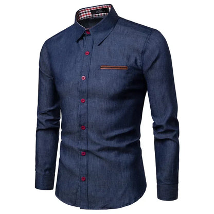 maoxiangshop Autumn Men's Pocket Panel Leather Long Sleeve Shirt Anti Denim Versatile Slim Fit Shirt