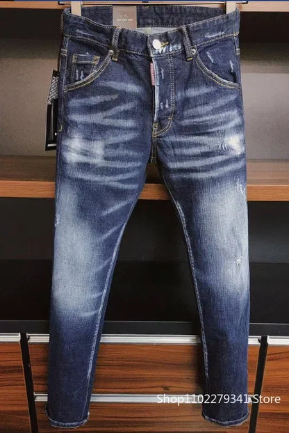 maoxiangshop Men Blue Denim Jeans Skinny Holes Jeans Italian Style Stretch Denim Pants High Quality Male Slim Fit Denim Trousers Size 42