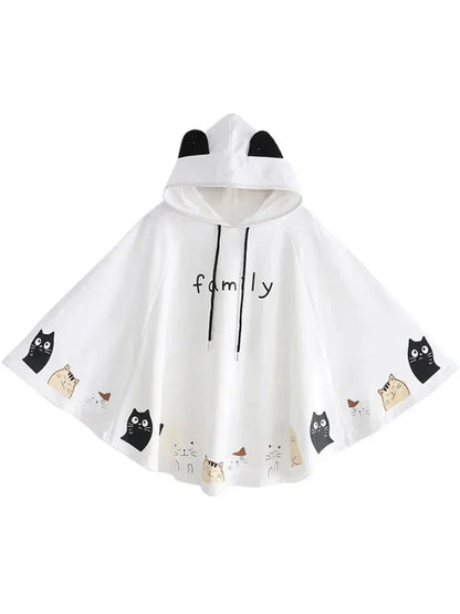 Women Cloak Outerwear Cartoon Cat Print With Ears On Hood Hoodies Coat Pullover Poncho Jacket  Hooded