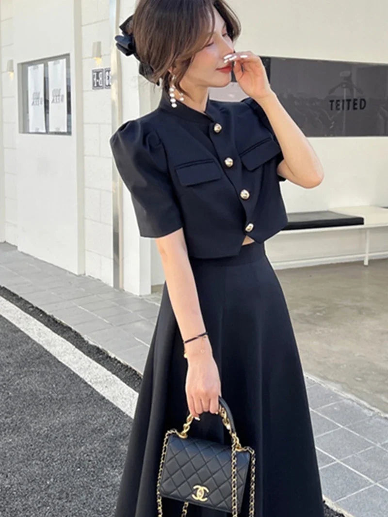 maoxiangshop Fashion Korean Sweet Elegant 2 Piece Set Spring Summer Office Lady Skirt Suits Ruffles Polo Collar Knee-length Dresses for Women