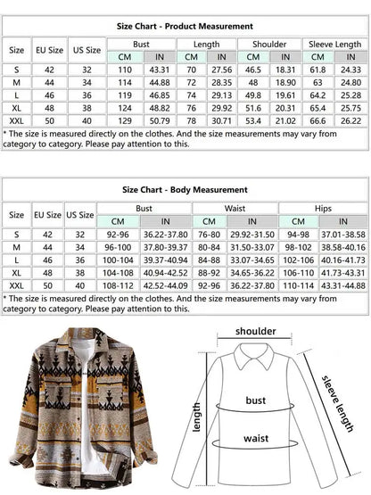 maoxiangshop Men's Shirts Tribal Geometric Pattern Blend Wool Long Sleeve Warm Shirt Coat Vintage Clothes Shacket Autumn Winter Blouse