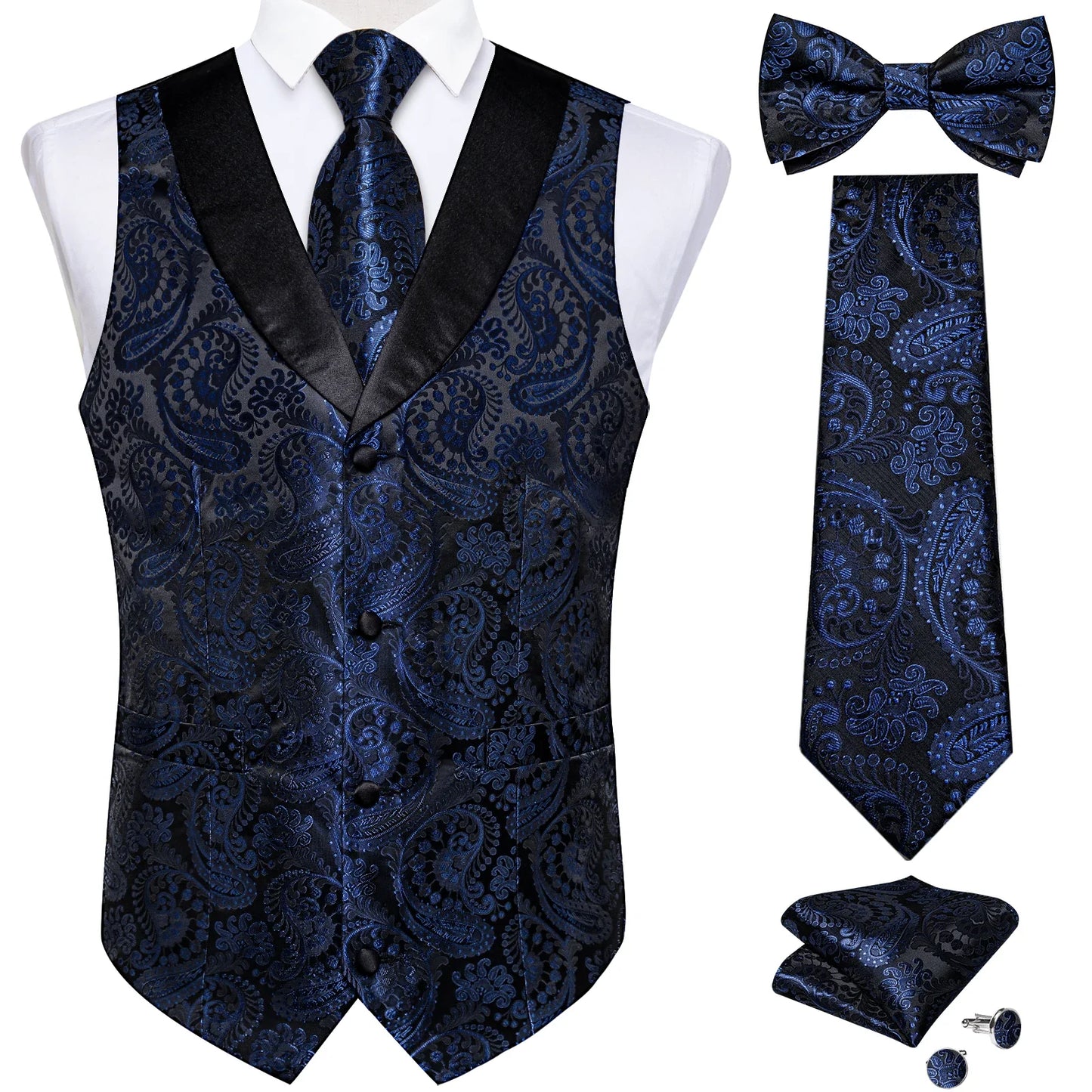 maoxiangshop Brand Suit Vest Set For Men Luxury Silk Black Gold Paisley Dress Vest Tie Cufflinks Handkerchief Set Male Sleeveless Waistcoat