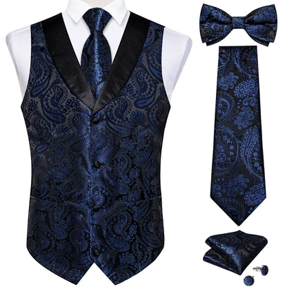 maoxiangshop Brand Suit Vest Set For Men Luxury Silk Black Gold Paisley Dress Vest Tie Cufflinks Handkerchief Set Male Sleeveless Waistcoat