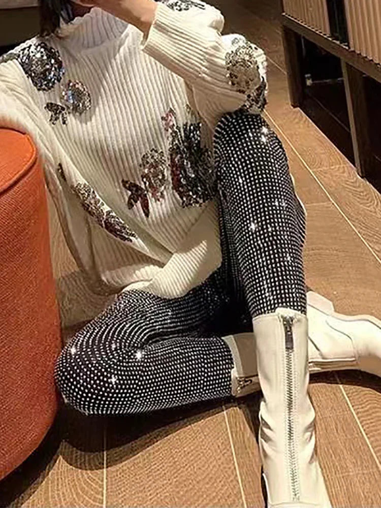 maoxiangshop  -  Sparkly Crystal Pants Women Leggings Autumn Winter High Waist Elastic Bodycon Long Penci Pant Streetwear Y2K Pants Tights