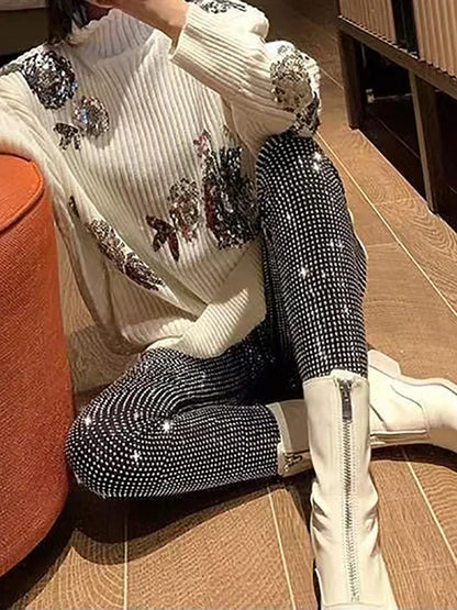 maoxiangshop  -  Sparkly Crystal Pants Women Leggings Autumn Winter High Waist Elastic Bodycon Long Penci Pant Streetwear Y2K Pants Tights