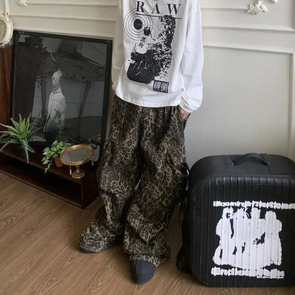 maoxiangshop Tan Leopard Cargo Pants Men Y2K Parachute Oversize Wide Leg Trousers Male Streetwear Hip Hop Harajuku Animal Print