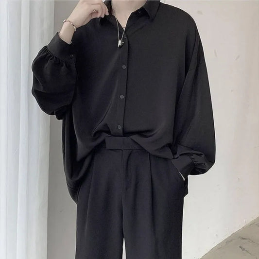 maoxiangshop Black Long-sleeved Shirts Men Korean Comfortable Blouses Casual Loose Single Breasted Shirt With Tie