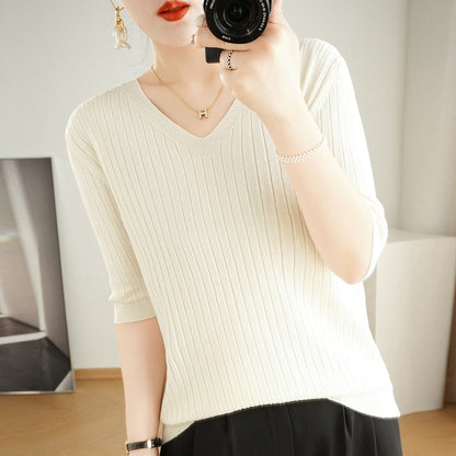 maoxiangshop Women Sweater Short Sleeve Spring Summer Knitwears Korean Fashion Stripe Pullovers Slim Fit Knit Tops Casual V-neck Jumpers