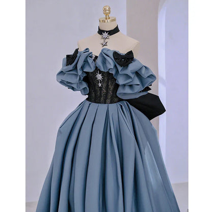 maoxiangshop Blue Satin High-End Banquet Evening Dress Annual Meeting Boat Neck Covering Flesh Princess Dresses Puff Sleeve Ball Gown