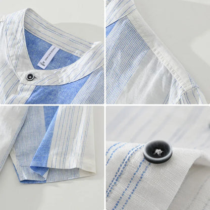 maoxiangshop 2024 Summer New 100%Linen Pullover Short Sleeve Shirts for Men Fashion Striped Casual Loose Shirts