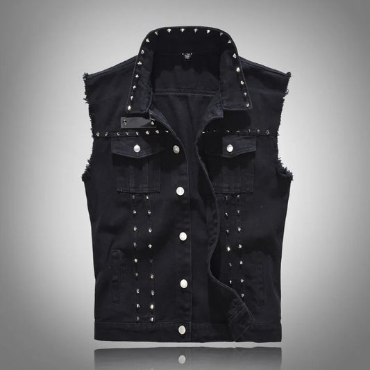 maoxiangshop Spring Fashion Men Rivet Denim Vest Punk Party Studded Slim Fit Jean Jacket Male Sleeveless Waistcoat for Men Plus Size 6XL