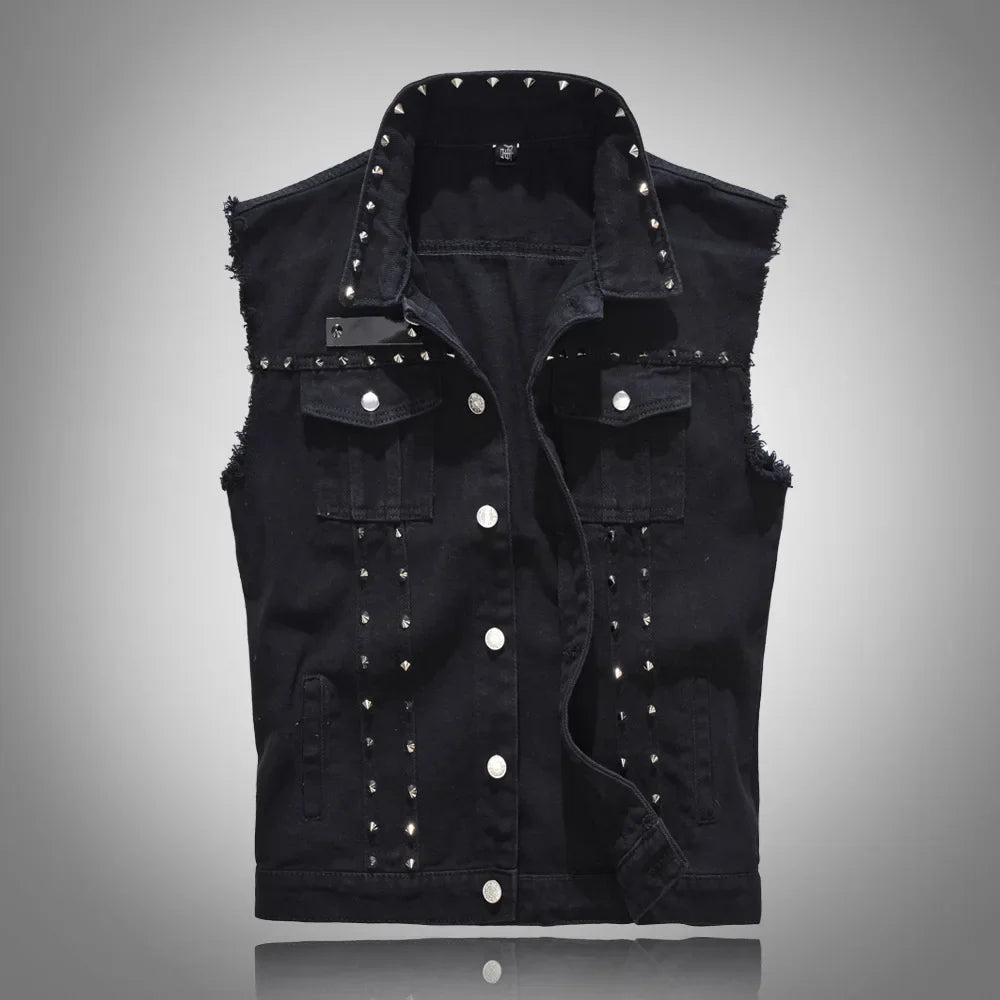 maoxiangshop Spring Fashion Men Rivet Denim Vest Punk Party Studded Slim Fit Jean Jacket Male Sleeveless Waistcoat for Men Plus Size 6XL