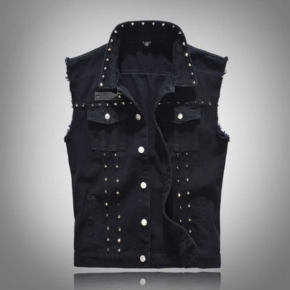 maoxiangshop Spring Fashion Men Rivet Denim Vest Punk Party Studded Slim Fit Jean Jacket Male Sleeveless Waistcoat for Men Plus Size 6XL