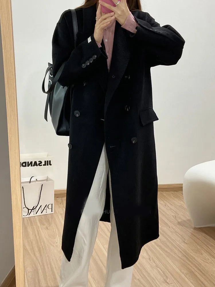 maoxiangshop Winter Thick Office Lady Long Wool Coat Elegant Fashion Faux Wool Jacket Women Simple Grey Long Sleeve All Match Outwear