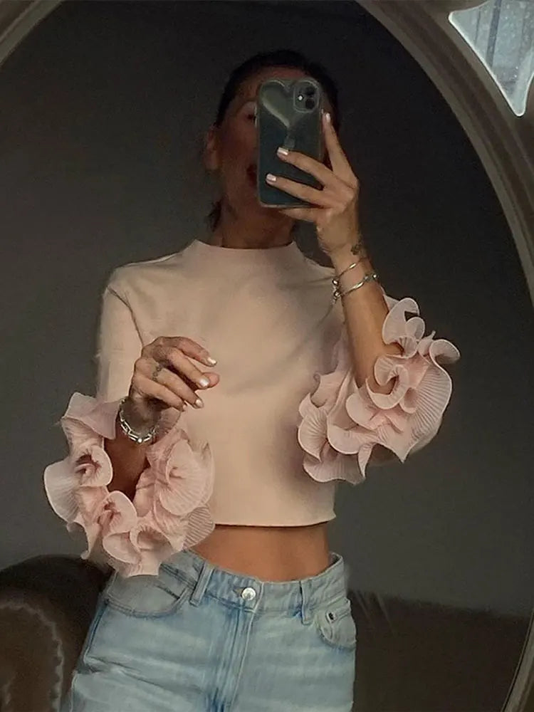 maoxiangshop Elegant Pink Pleated Round Collar Shirt Casual Slim Fit Long Sleeve Short Tops 2023 Fashion Female Autumn Office Ladies Pullover