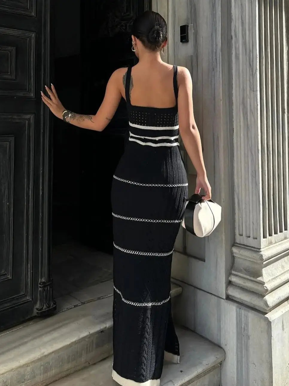 Striped Elegant Knit Crochet Dress Women Summer Beach Vacation Sleeveless Backless Long Dresses Female V Neck Sexy Dresses