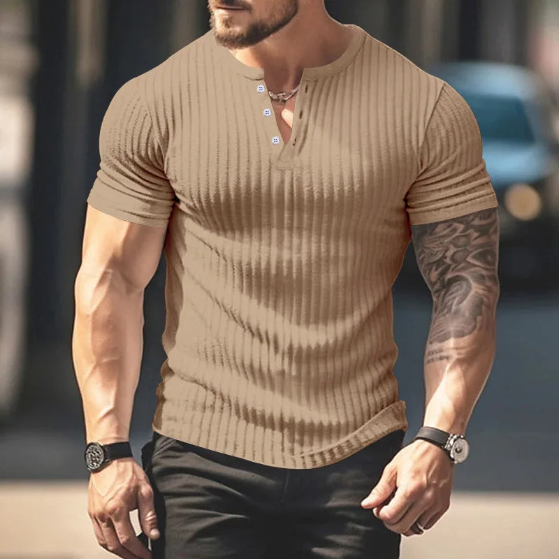 maoxiangshop Summer Slim Henry shirt short sleeve T-shirt Small T-shirt casual top sports fitness men's round neck T-shirt Ropa Hombre