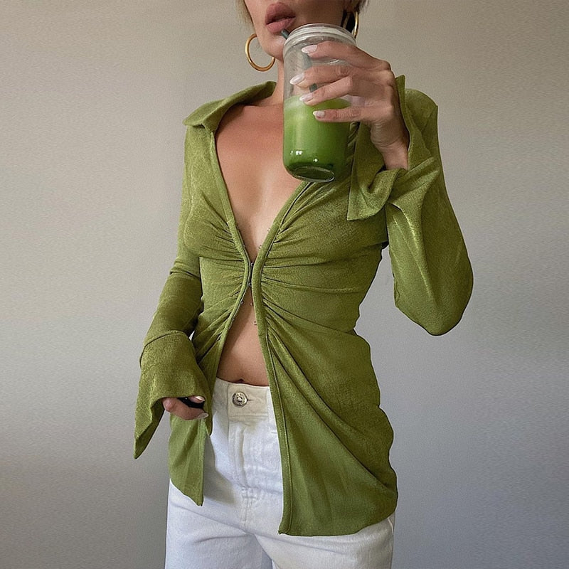 maoxiangshop Ruched Long Sleeve Shirt Women Elegant Fashion Woman Blouses Autumn Winter Casual Long Shirt White Green Blouse Top