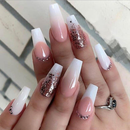 24Pcs Long Ballerina French False Nails Snake Rhinestones Design Fake Nails Wearable Coffin Press on Nails Full Cover Nail Tips