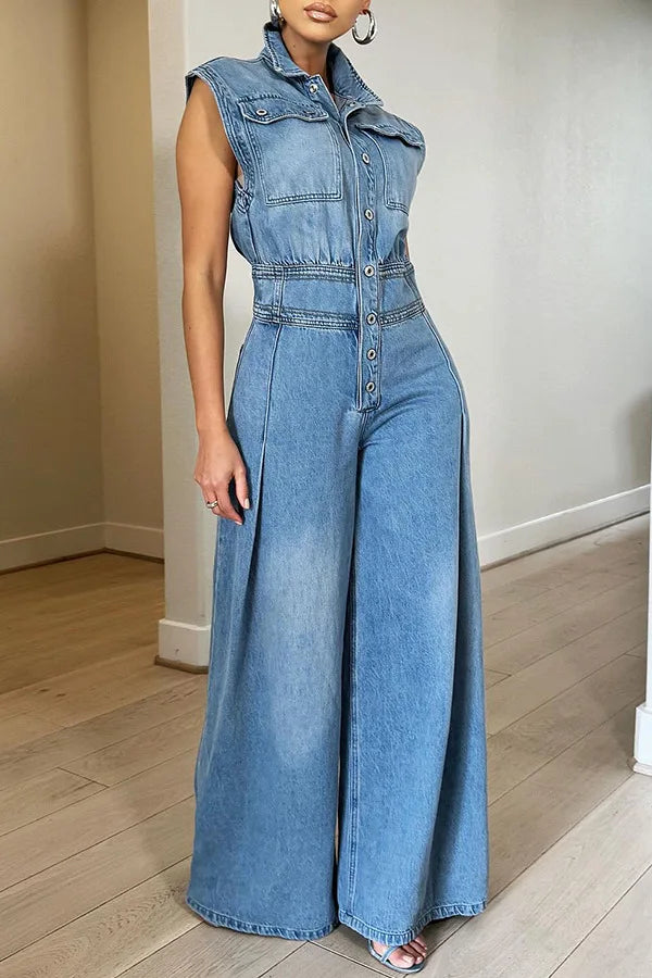 maoxiangshop Jumpsuits Women One Piece Denim Jeans Overalls Sleeveless High Waist Turn Down Collar Wide Leg Long Pants Rompers Summer 2024