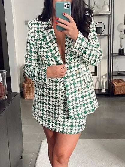 maoxiangshop Blazer Women Coat Spring Fashion Check Suit Jacket Woman Vintage Long Sleeve Double Breasted Blazers Top