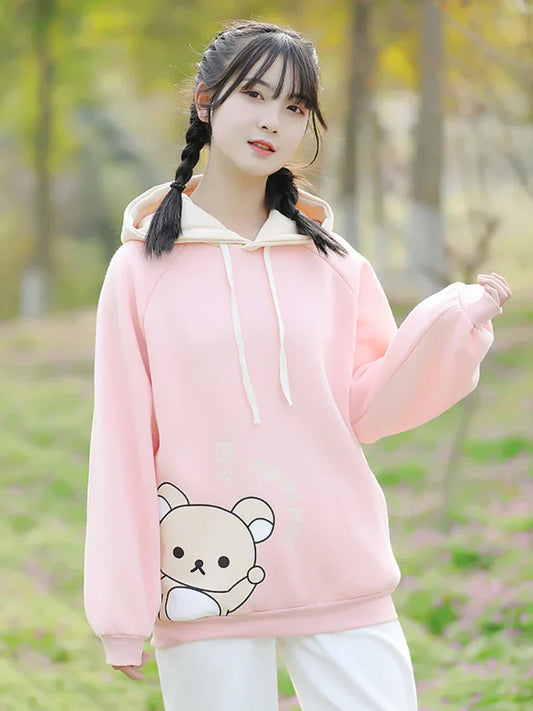 maoxiangshop Harajuku Cartoon Bear Print Kawaii Hoodies Women Winter Long Sleeve Drawstring Fleece Hooded Sweatshirt Female Pullover Top