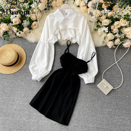 Vintage Gothic Black Lolita Dress Women Japanese Sweet Ruffled Puff Long Sleeve Blouses Crop Tops+Spaghetti Strap Party Vestidos