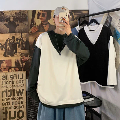 maoxiangshop Fake Two Piece 100% Cotton Spring Autumn Harajuku Long Sleeve Men T Shirt Casual Korean Fashion Oversized Woman Top 2022 Trend