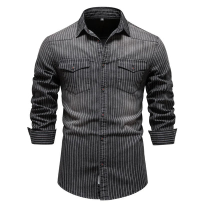 maoxiangshop Cotton Men Denim Shirts Striped Stretch Long Sleeve High Quality Jeans Shirts for Men Casual Slim Cowboy Shirts Man