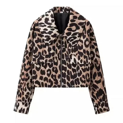 maoxiangshop  -  Vintage Leopard Print Bomber Jacket Women Elegant Lapel Long Sleeves Zipper Pockets Lady Coat 2024 Autumn High Street Streetwear