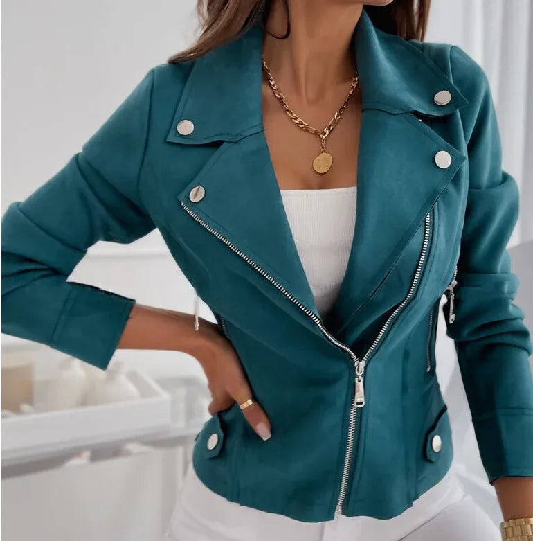 maoxiangshop Autumn Coats Women 2024 Spring Full Sleeve Zippers Casual Elegant Turn Down Collar Short Blue Slim Fit Velvet Short Jackets