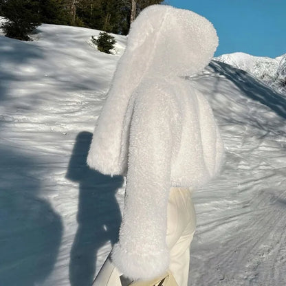 maoxiangshop  -  Winter Women's White Short Faux Fur Coat Fashion Y2K Hoodie Jacket Long Sleeve Thick Warm Fluffy Fur Coat Female Outfits