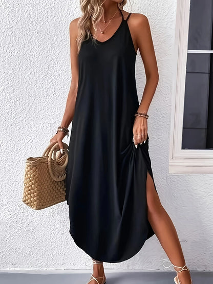 maoxiangshop Solid Color Curvy Hem Cami Dress, Sexy Sleeveless Spaghetti Strap Loose Maxi Dress, Women's Clothing