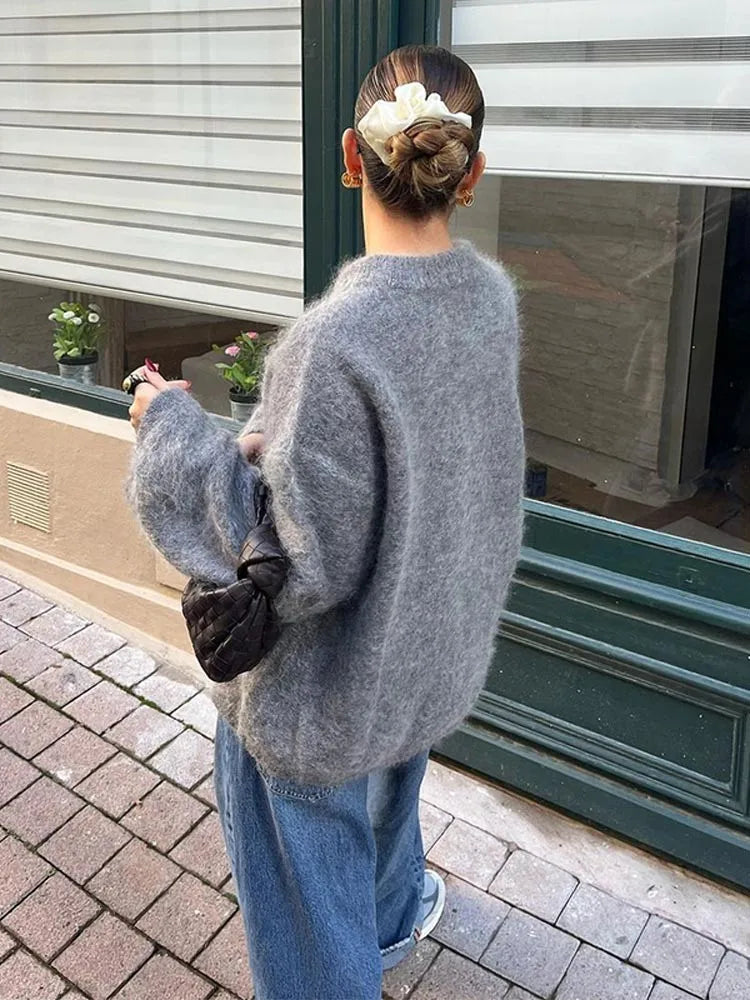 maoxiangshop -  Women Solid O-neck Mohair Knitted Sweater Autumn Fashion Long Sleeve Pullover Jumper Vintage Loose Basic Female Knitwear