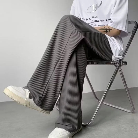 maoxiangshop Summer Texture Straight Pants For Men Korean Fashion Baggy Wide-leg Trousers Casual Drape Pleated Striped Y2K Pantalones Hombre
