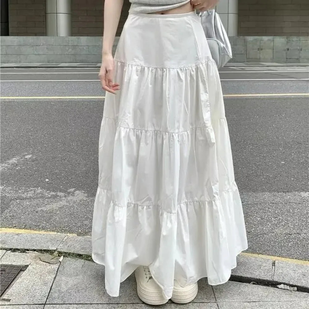 maoxiangshop Spring Summer Women Skirts Vintage High Waist Elastic Patchwork White White Chic Long Cake A-line Skirt for Student